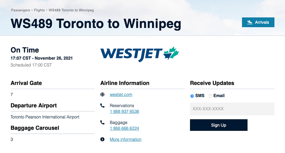 Screenshot of a flight page, showing details of a flight from Toronto to Winnipeg.