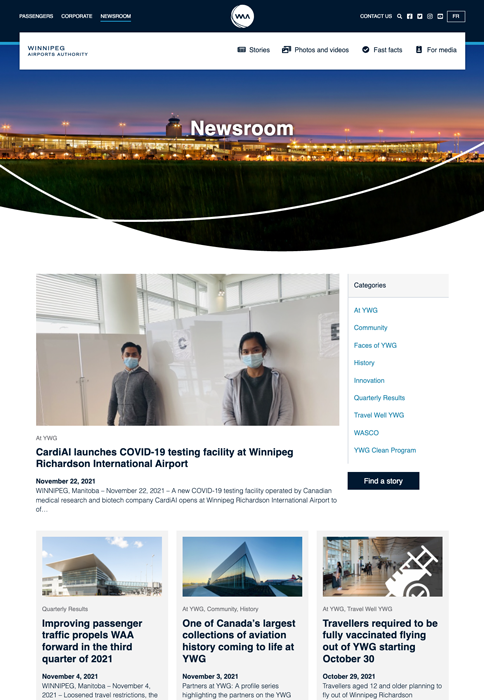 Screenshot of the WAA website's newsroom homepage