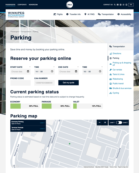 Screenshot of the parking page on the WAA website