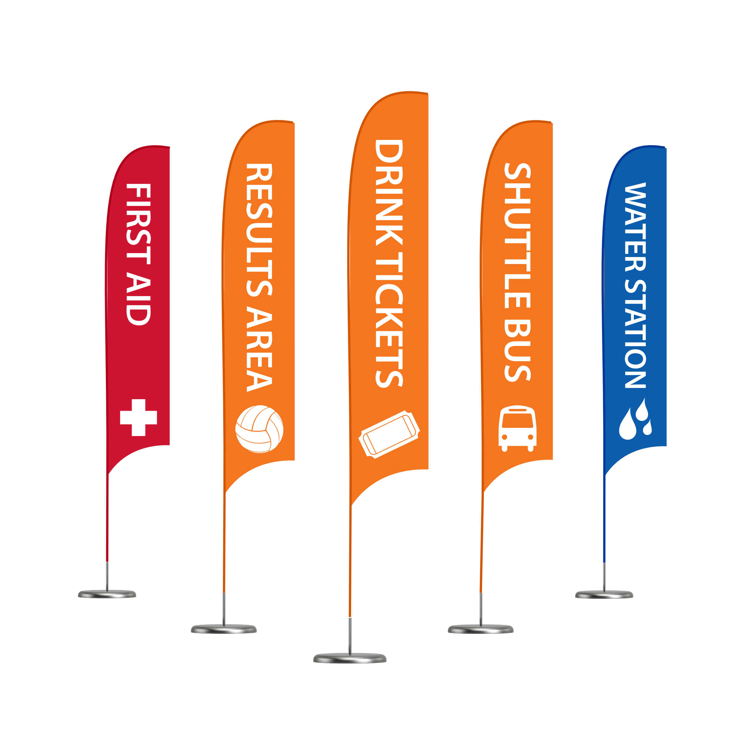 Venue flags designed to identify on-site resources like first aid, drink tickets, shuttle bus stop, or water stations.