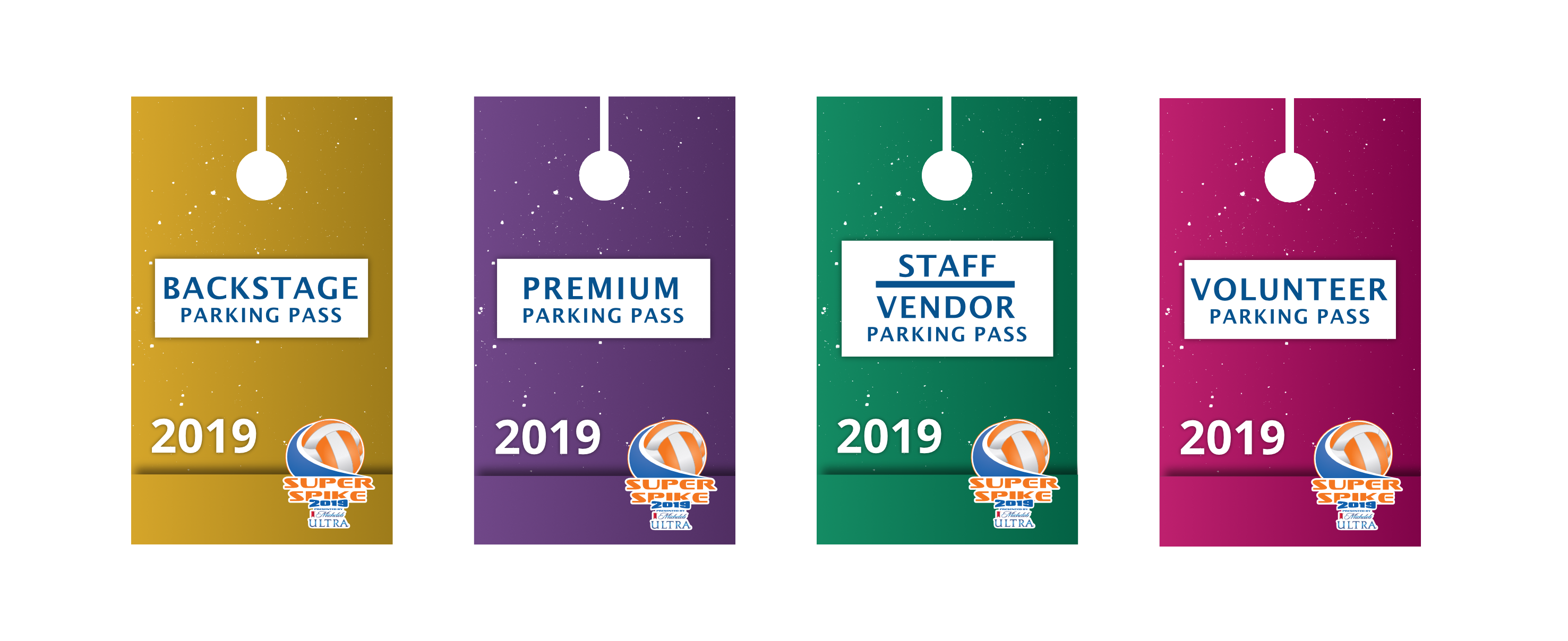 Parking passes shown in four different colours to identify Backstage, Premium, Staff/Vendor, or Volunteer parking access.
